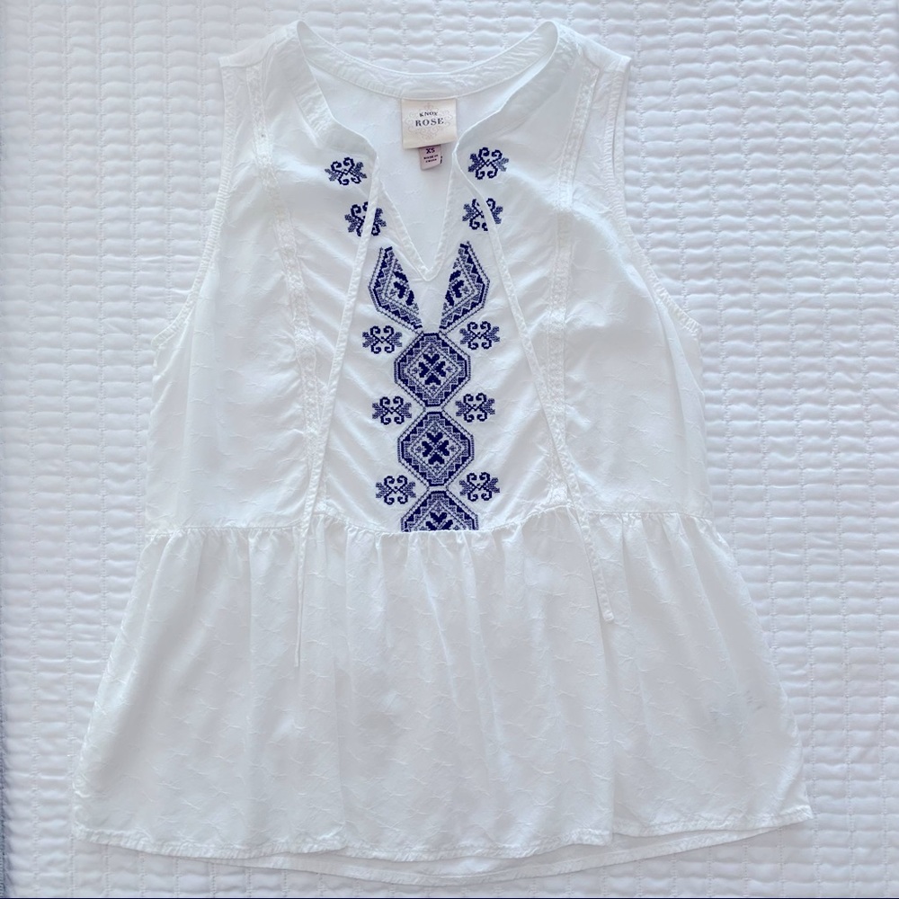 White & Blue Embroidered Sleeveless Boho Top Shirt